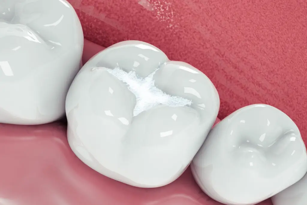 Close-up view of white tooth-coloured fillings on molars, demonstrating natural-looking restoration at a dental clinic in Petaling Jaya. Aesthetic Dental Petaling Jaya cosmetic dentistry consultation with expert dentists for smile makeover.